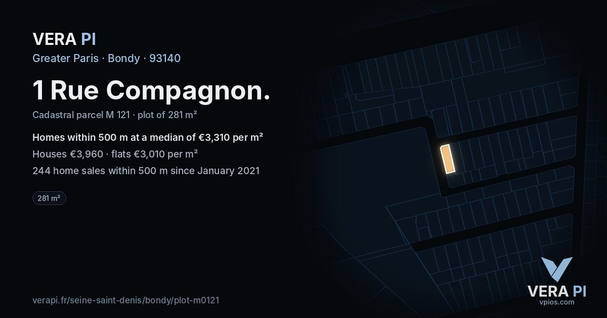 1 Rue Compagnon, Bondy at night – the plot lit, the parcels around coloured by the prices near them