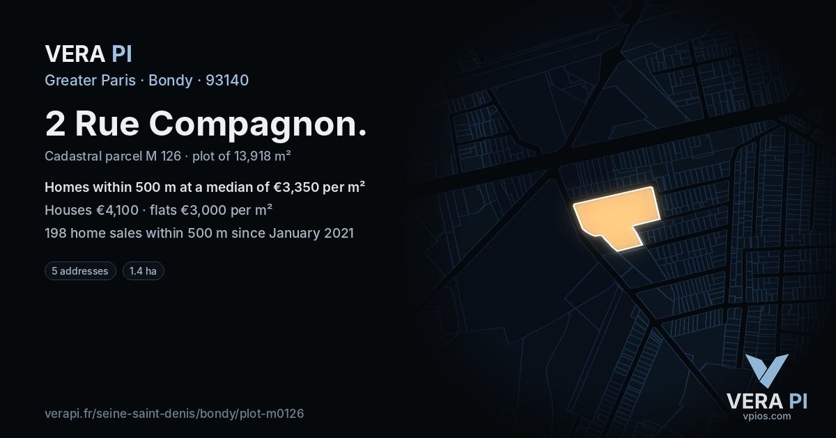 2 Rue Compagnon, Bondy at night – the plot lit, the parcels around coloured by the prices near them
