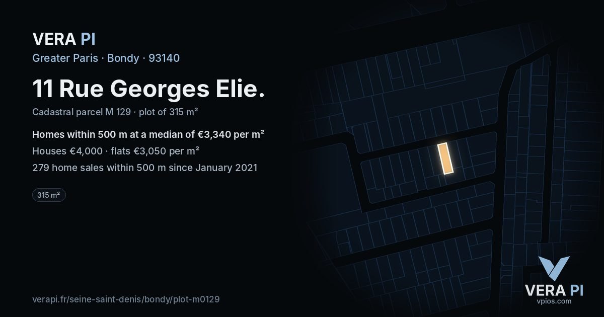 11 Rue Georges Elie, Bondy at night – the plot lit, the parcels around coloured by the prices near them