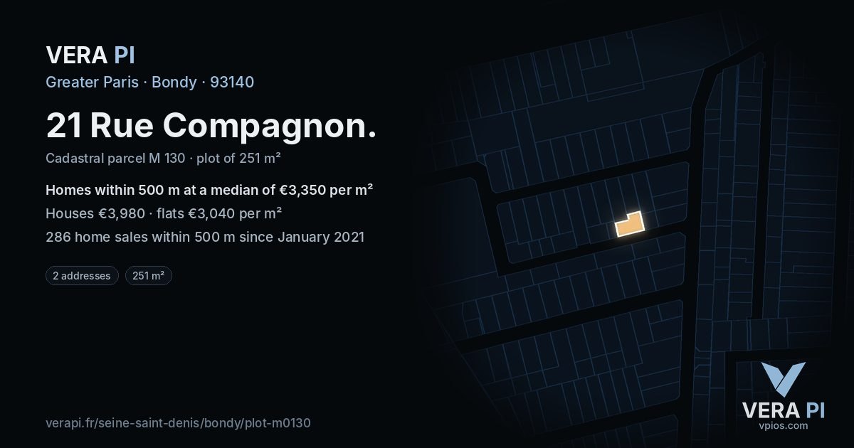 21 Rue Compagnon, Bondy at night – the plot lit, the parcels around coloured by the prices near them