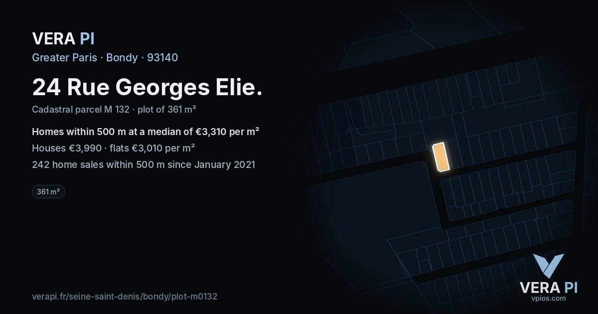 24 Rue Georges Elie, Bondy at night – the plot lit, the parcels around coloured by the prices near them