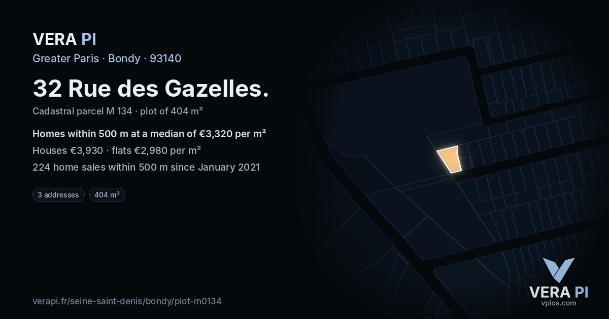 32 Rue des Gazelles, Bondy at night – the plot lit, the parcels around coloured by the prices near them