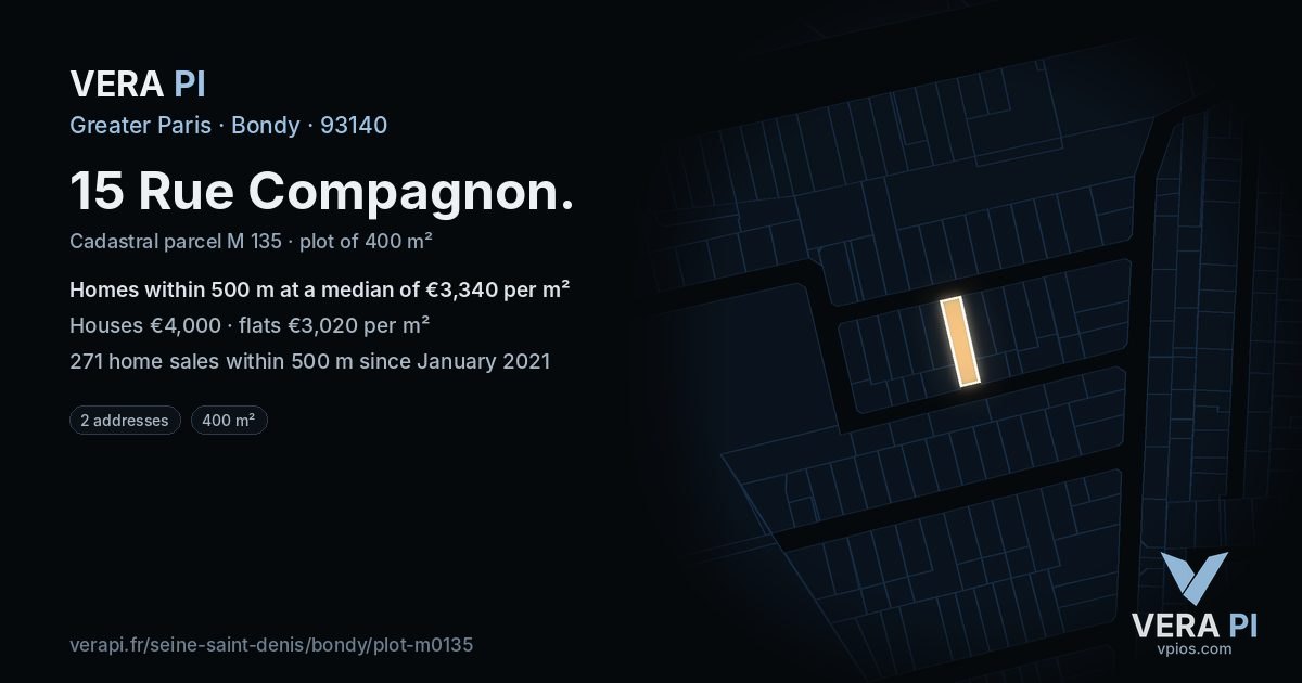 15 Rue Compagnon, Bondy at night – the plot lit, the parcels around coloured by the prices near them