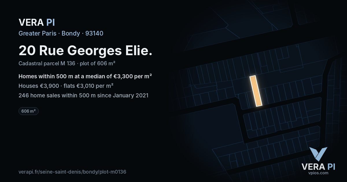 20 Rue Georges Elie, Bondy at night – the plot lit, the parcels around coloured by the prices near them