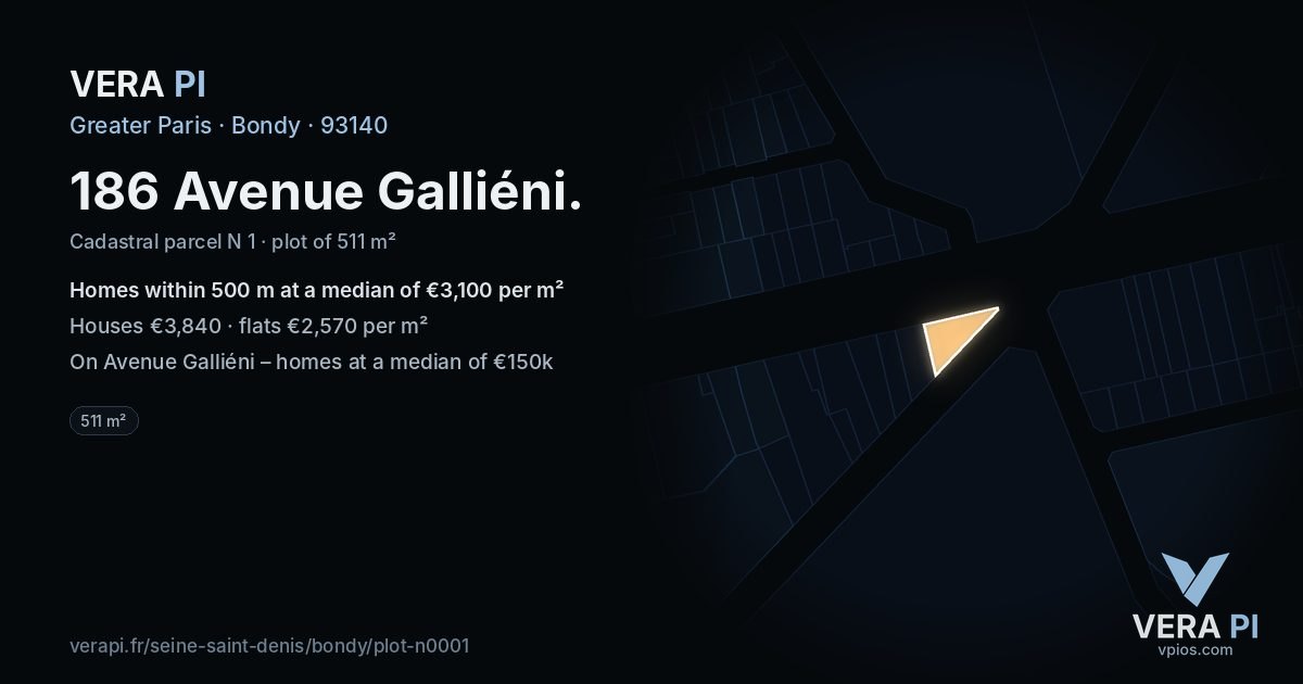 186 Avenue Galliéni, Bondy at night – the plot lit, the parcels around coloured by the prices near them
