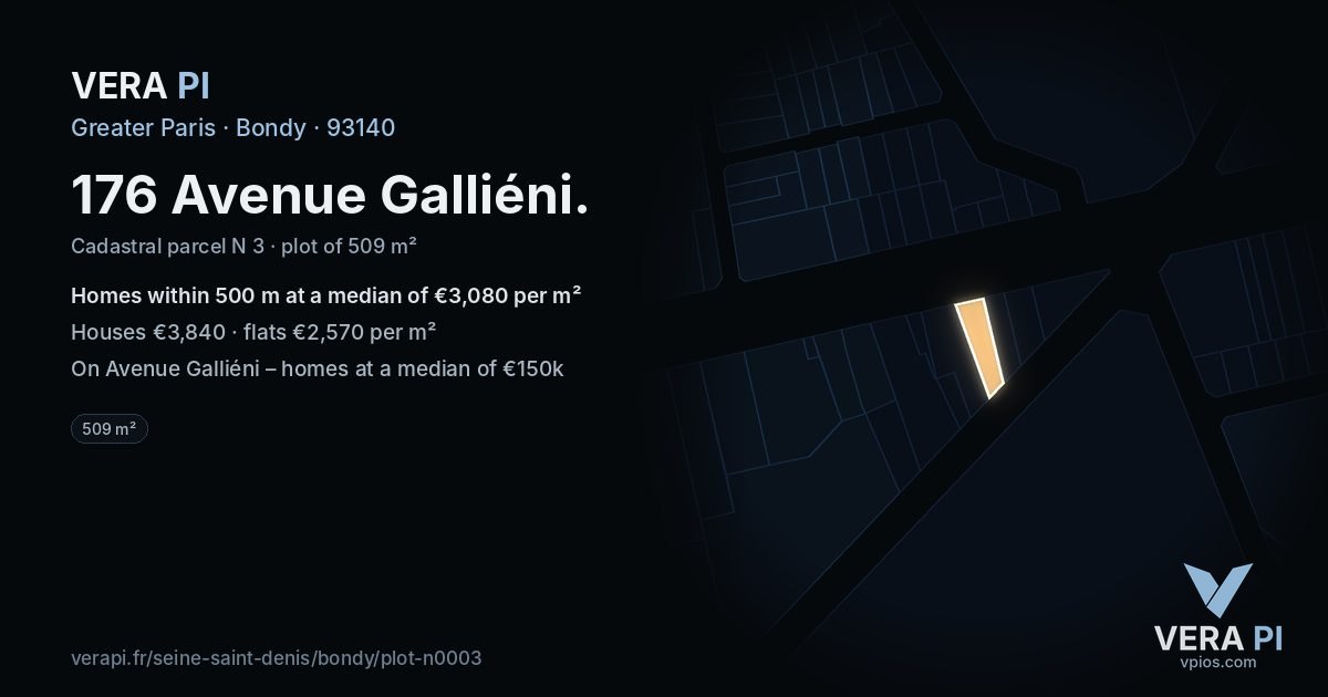 176 Avenue Galliéni, Bondy at night – the plot lit, the parcels around coloured by the prices near them