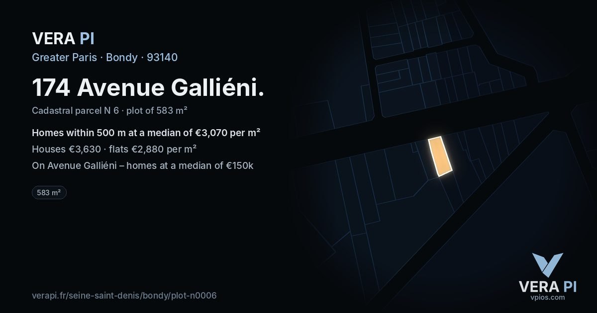 174 Avenue Galliéni, Bondy at night – the plot lit, the parcels around coloured by the prices near them