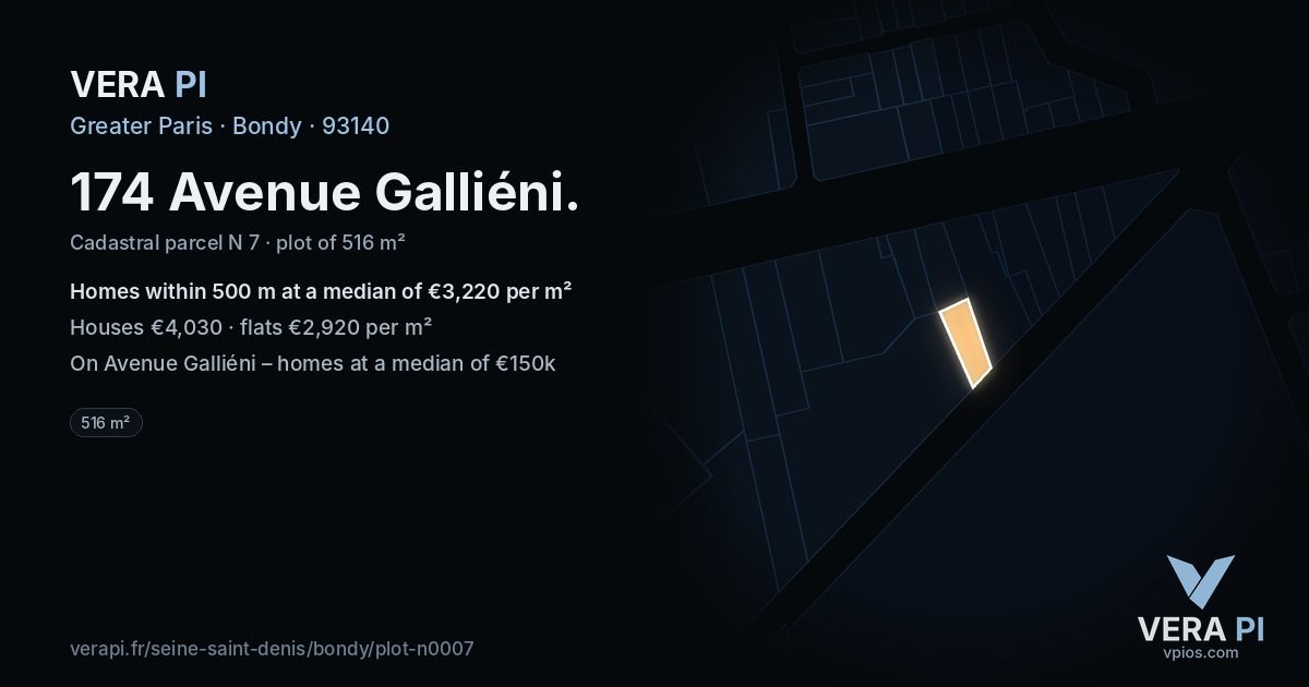 174 Avenue Galliéni, Bondy at night – the plot lit, the parcels around coloured by the prices near them