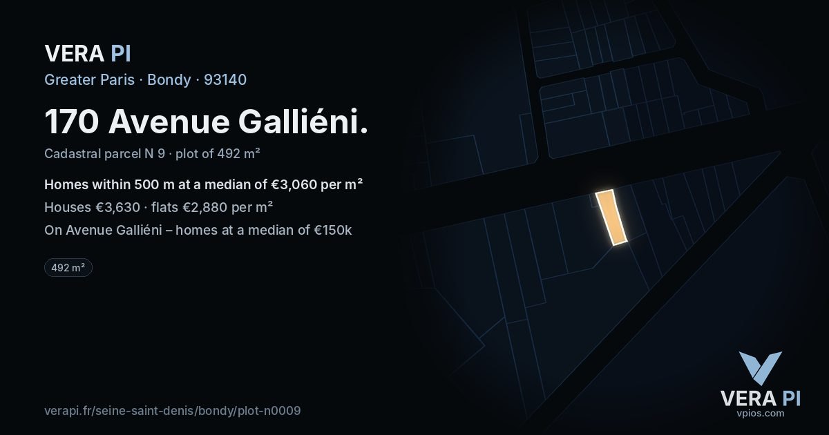 170 Avenue Galliéni, Bondy at night – the plot lit, the parcels around coloured by the prices near them