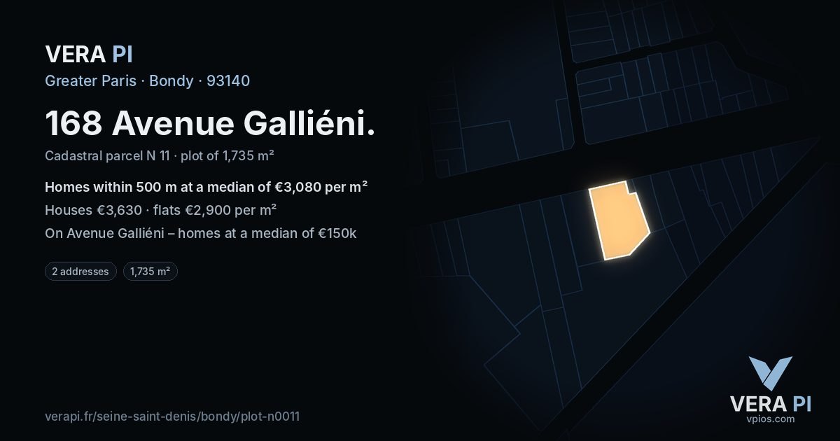 168 Avenue Galliéni, Bondy at night – the plot lit, the parcels around coloured by the prices near them
