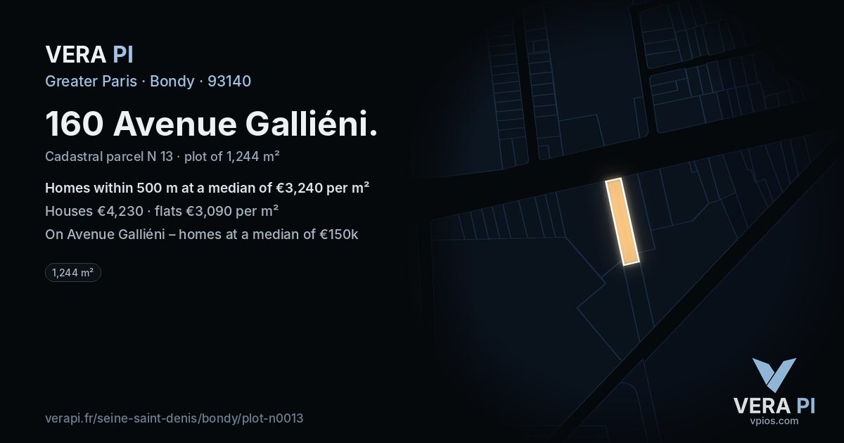 160 Avenue Galliéni, Bondy at night – the plot lit, the parcels around coloured by the prices near them
