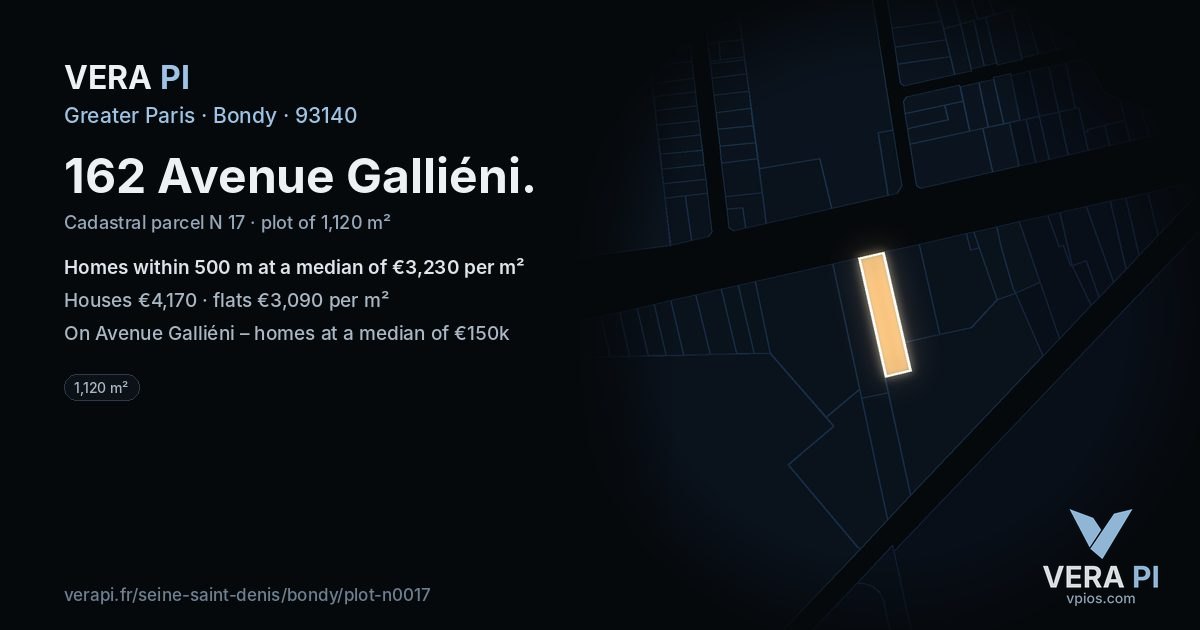 162 Avenue Galliéni, Bondy at night – the plot lit, the parcels around coloured by the prices near them