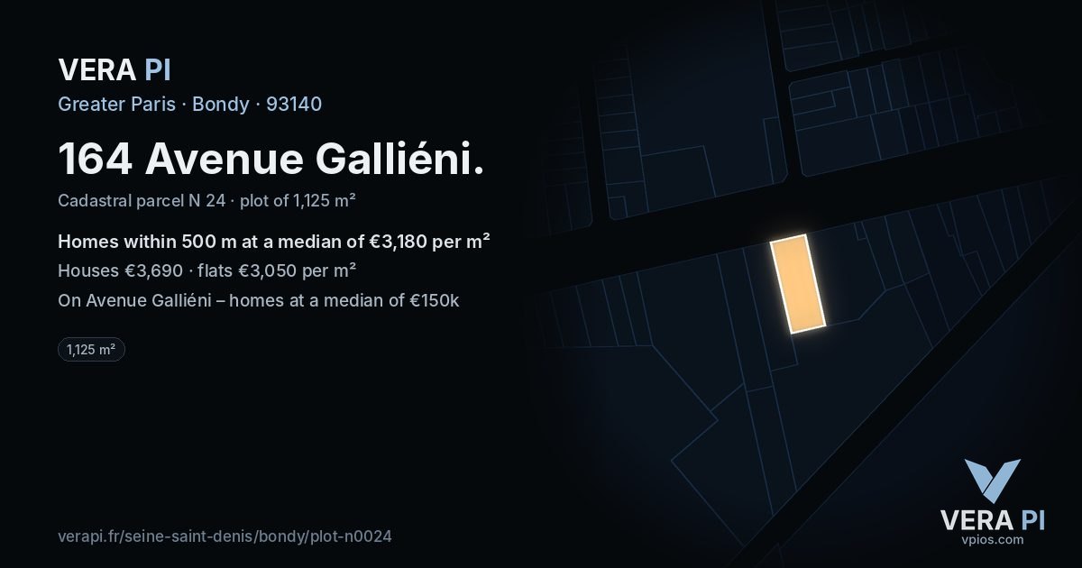 164 Avenue Galliéni, Bondy at night – the plot lit, the parcels around coloured by the prices near them
