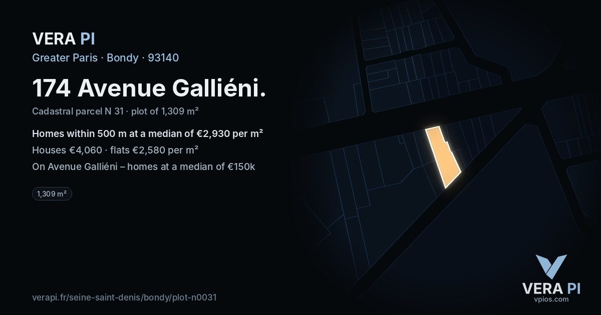 174 Avenue Galliéni, Bondy at night – the plot lit, the parcels around coloured by the prices near them