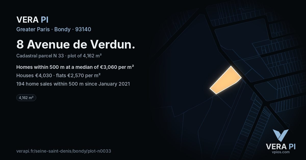 8 Avenue de Verdun, Bondy at night – the plot lit, the parcels around coloured by the prices near them