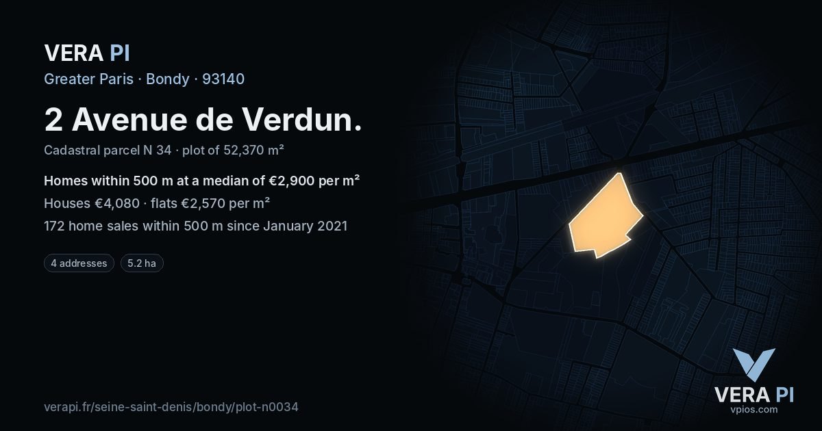 2 Avenue de Verdun, Bondy at night – the plot lit, the parcels around coloured by the prices near them