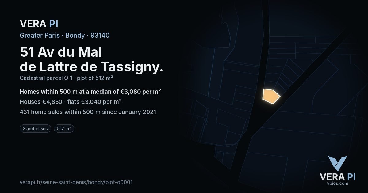 51 Av du Mal de Lattre de Tassigny, Bondy at night – the plot lit, the parcels around coloured by the prices near them