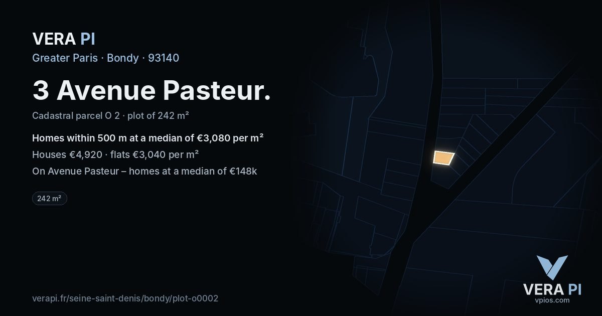 3 Avenue Pasteur, Bondy at night – the plot lit, the parcels around coloured by the prices near them