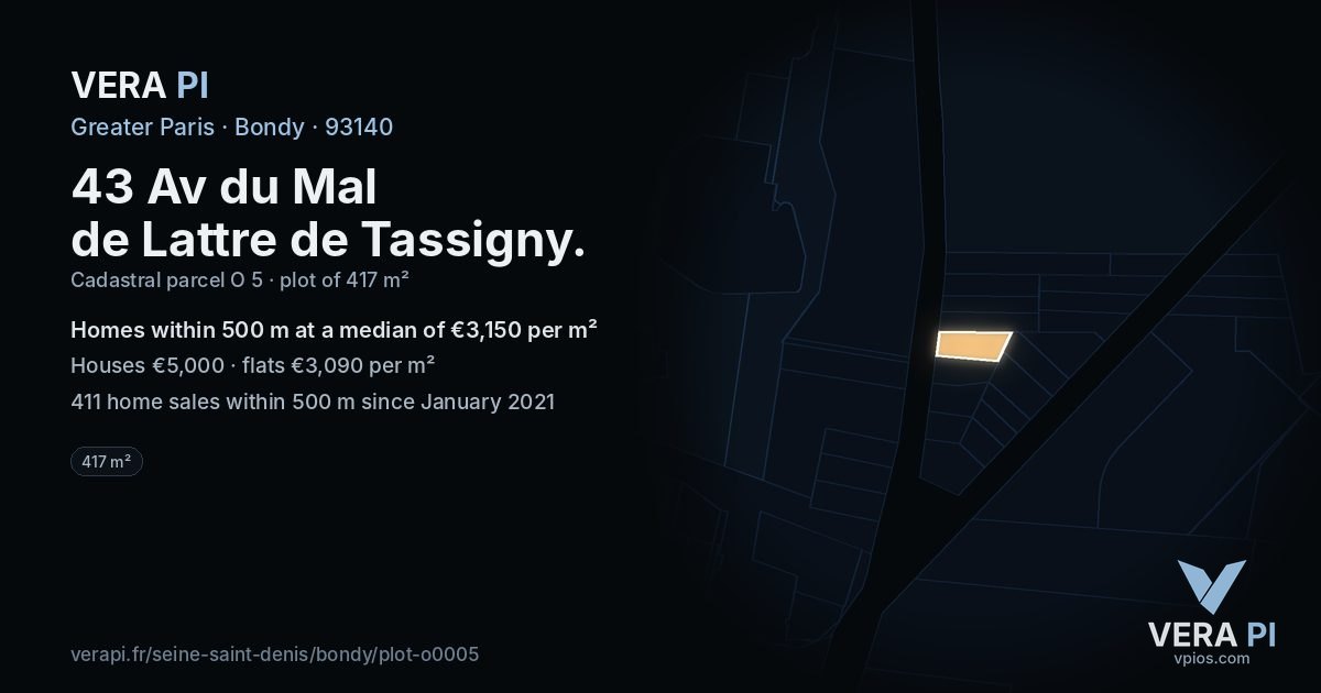 43 Av du Mal de Lattre de Tassigny, Bondy at night – the plot lit, the parcels around coloured by the prices near them