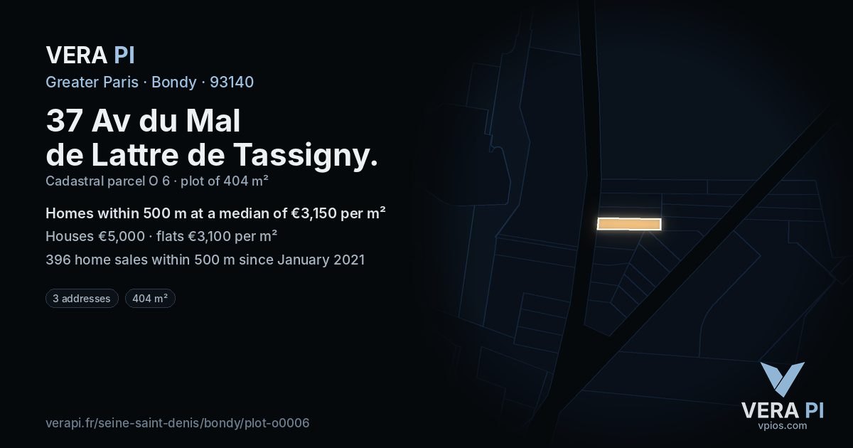 37 Av du Mal de Lattre de Tassigny, Bondy at night – the plot lit, the parcels around coloured by the prices near them