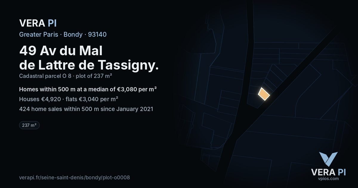 49 Av du Mal de Lattre de Tassigny, Bondy at night – the plot lit, the parcels around coloured by the prices near them
