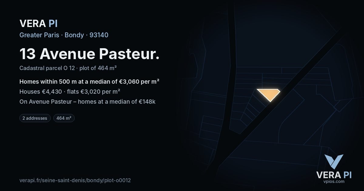 13 Avenue Pasteur, Bondy at night – the plot lit, the parcels around coloured by the prices near them