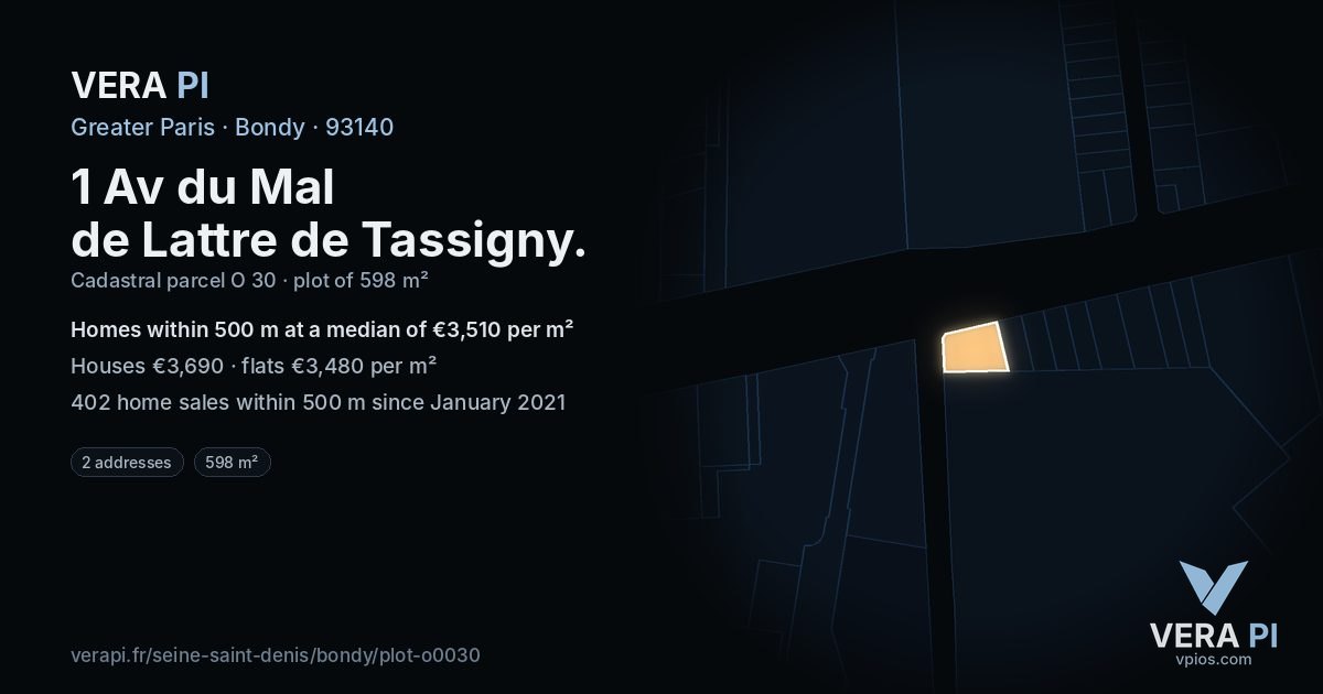 1 Av du Mal de Lattre de Tassigny, Bondy at night – the plot lit, the parcels around coloured by the prices near them
