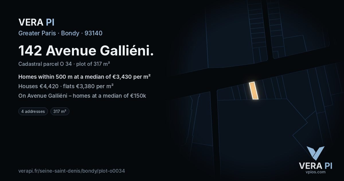 142 Avenue Galliéni, Bondy at night – the plot lit, the parcels around coloured by the prices near them