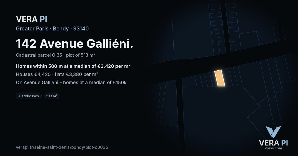 142 Avenue Galliéni, Bondy at night – the plot lit, the parcels around coloured by the prices near them