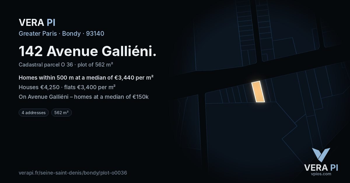 142 Avenue Galliéni, Bondy at night – the plot lit, the parcels around coloured by the prices near them