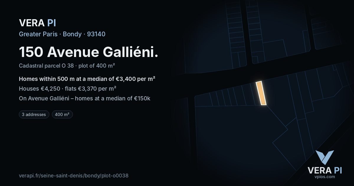 150 Avenue Galliéni, Bondy at night – the plot lit, the parcels around coloured by the prices near them