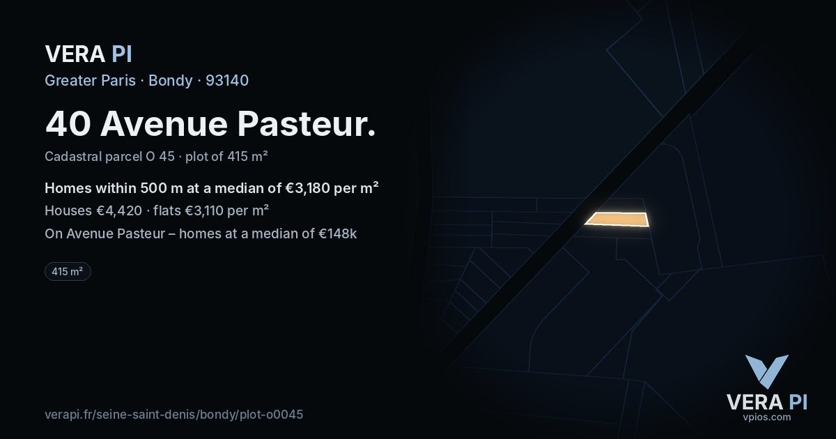 40 Avenue Pasteur, Bondy at night – the plot lit, the parcels around coloured by the prices near them