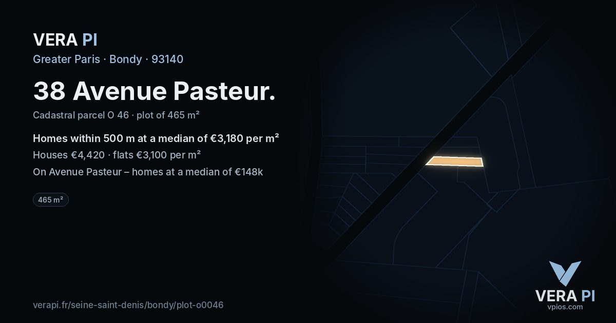38 Avenue Pasteur, Bondy at night – the plot lit, the parcels around coloured by the prices near them