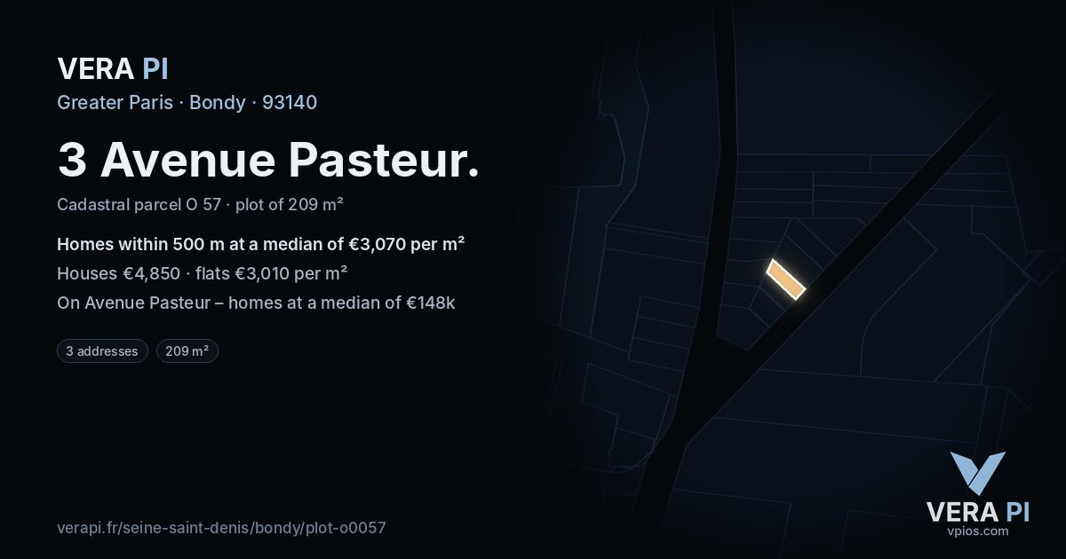 3 Avenue Pasteur, Bondy at night – the plot lit, the parcels around coloured by the prices near them