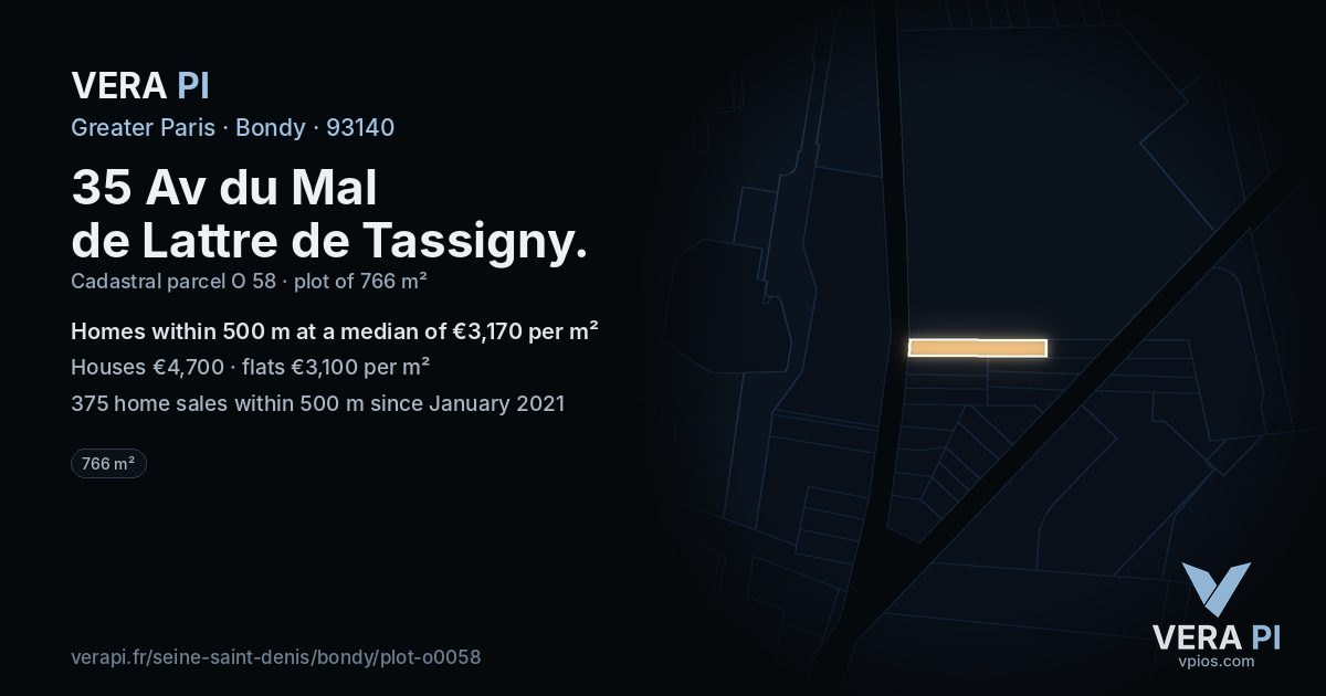 35 Av du Mal de Lattre de Tassigny, Bondy at night – the plot lit, the parcels around coloured by the prices near them