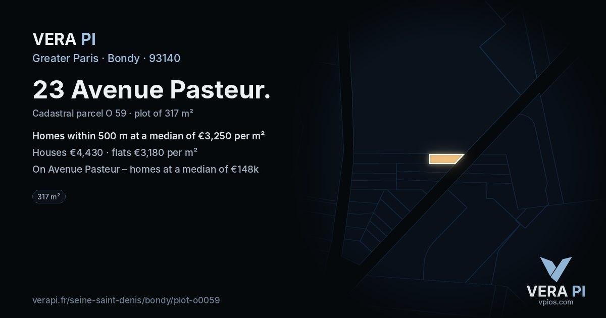 23 Avenue Pasteur, Bondy at night – the plot lit, the parcels around coloured by the prices near them