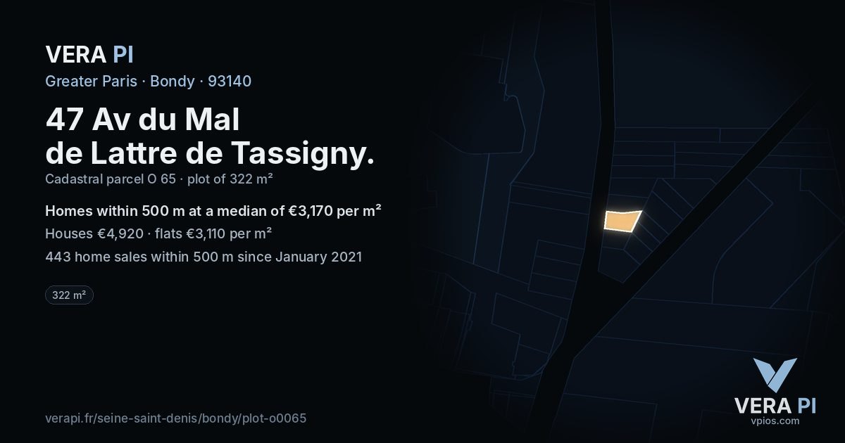 47 Av du Mal de Lattre de Tassigny, Bondy at night – the plot lit, the parcels around coloured by the prices near them