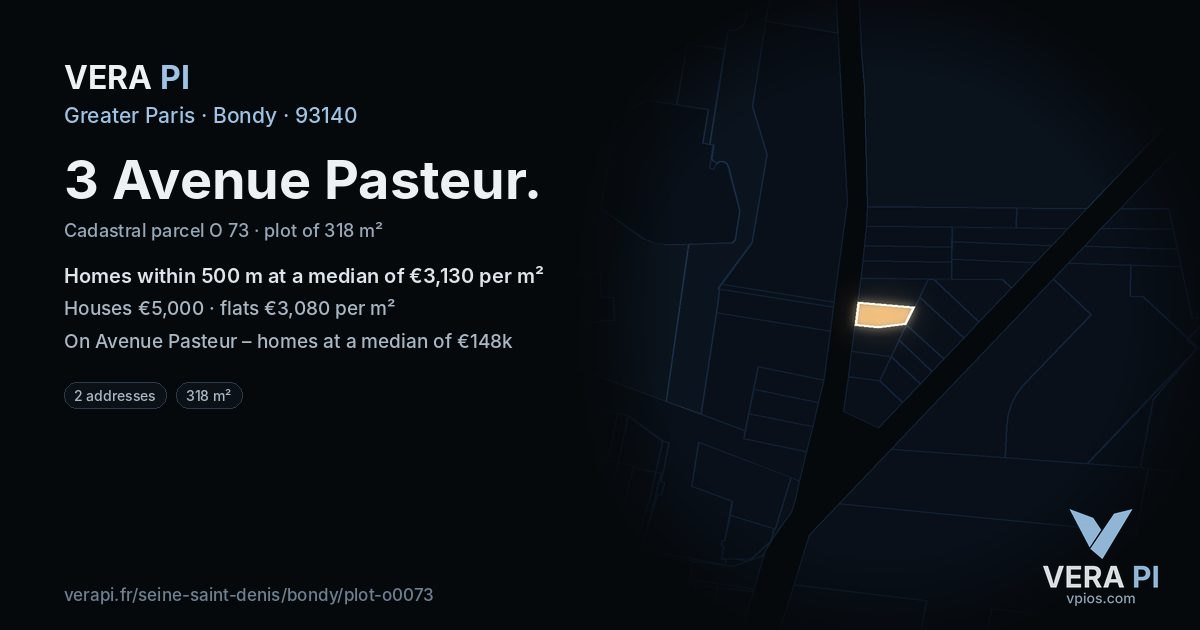 3 Avenue Pasteur, Bondy at night – the plot lit, the parcels around coloured by the prices near them