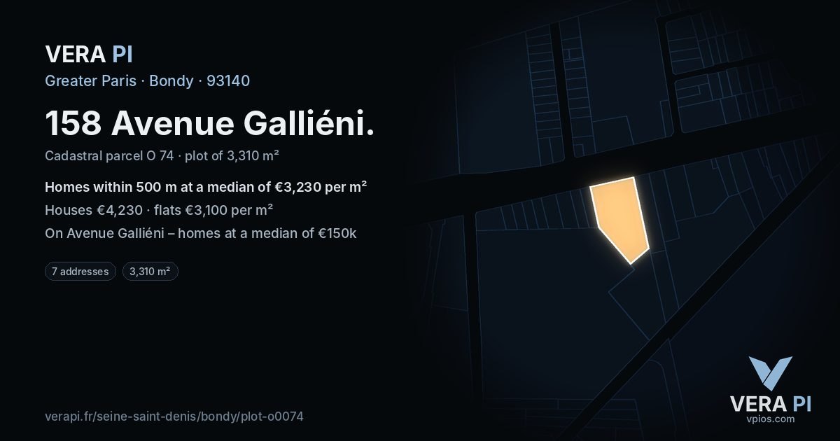 158 Avenue Galliéni, Bondy at night – the plot lit, the parcels around coloured by the prices near them