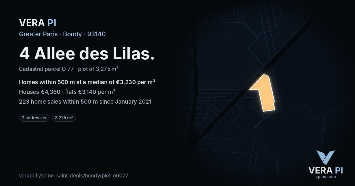 4 Allee des Lilas, Bondy at night – the plot lit, the parcels around coloured by the prices near them