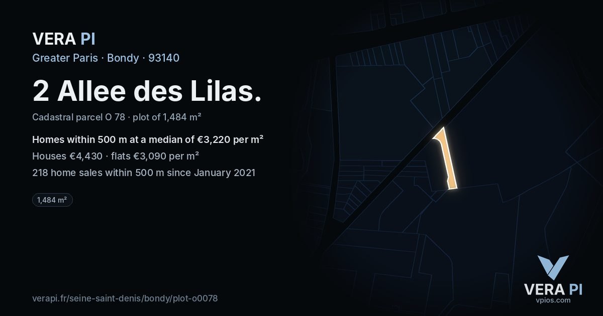 2 Allee des Lilas, Bondy at night – the plot lit, the parcels around coloured by the prices near them