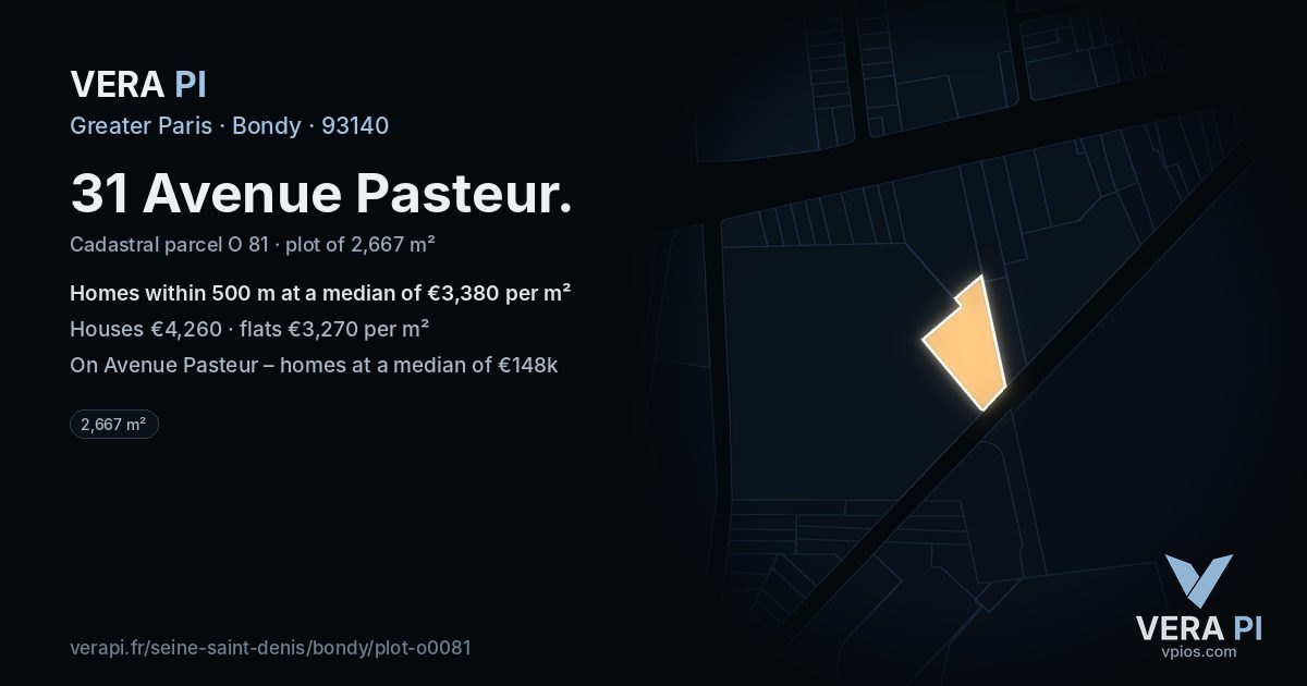 31 Avenue Pasteur, Bondy at night – the plot lit, the parcels around coloured by the prices near them