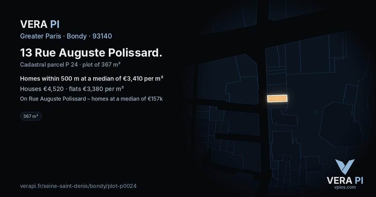 13 Rue Auguste Polissard, Bondy at night – the plot lit, the parcels around coloured by the prices near them