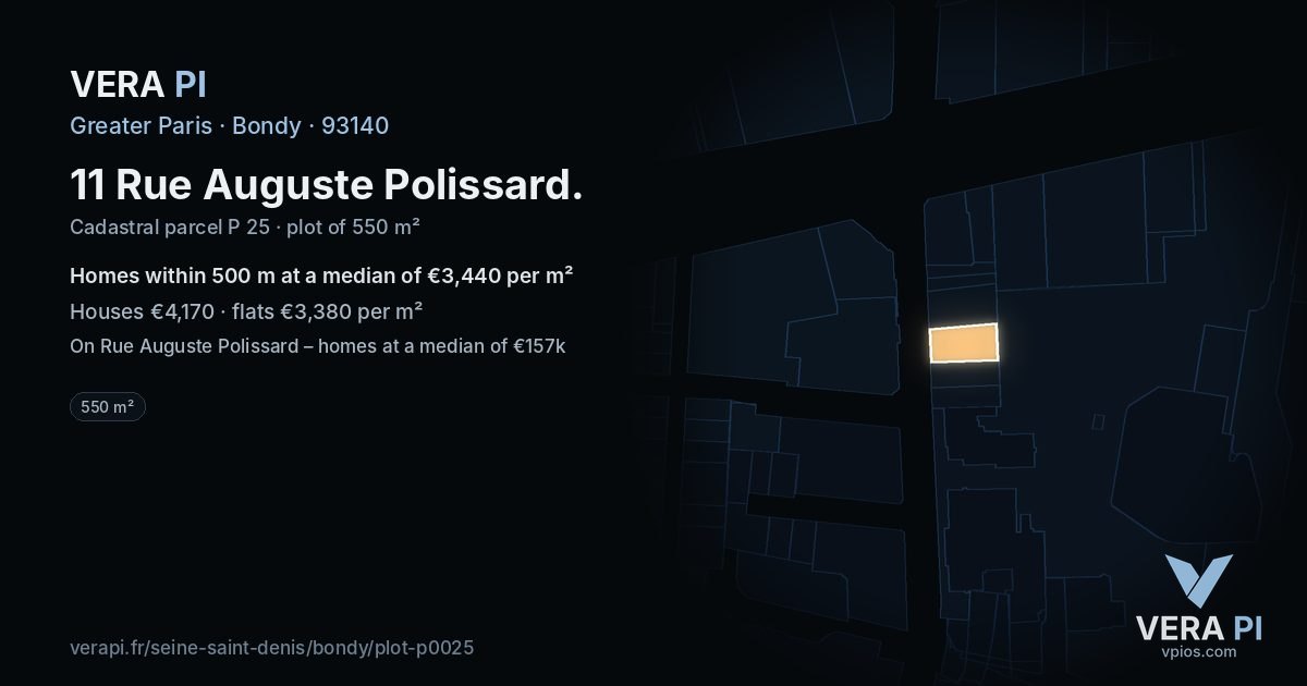 11 Rue Auguste Polissard, Bondy at night – the plot lit, the parcels around coloured by the prices near them
