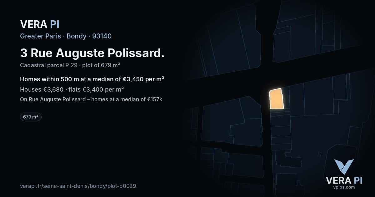 3 Rue Auguste Polissard, Bondy at night – the plot lit, the parcels around coloured by the prices near them