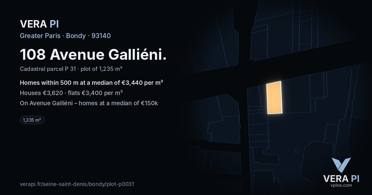 108 Avenue Galliéni, Bondy at night – the plot lit, the parcels around coloured by the prices near them