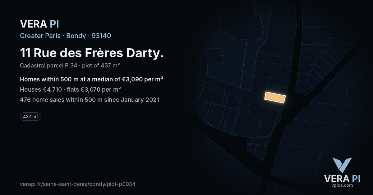 11 Rue des Frères Darty, Bondy at night – the plot lit, the parcels around coloured by the prices near them