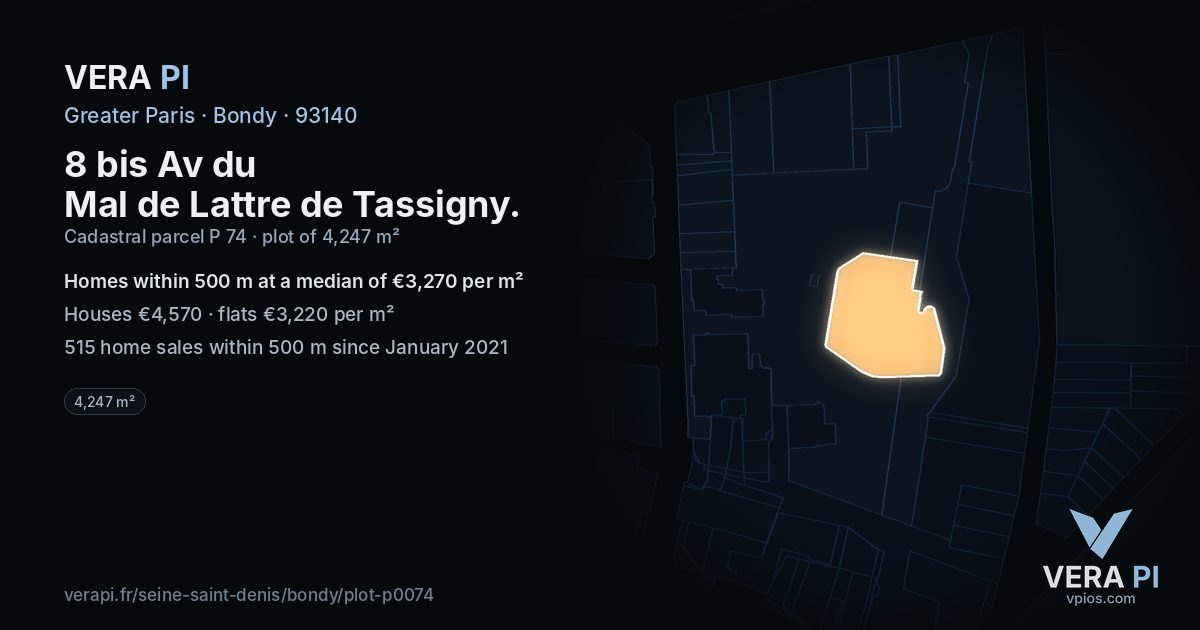 8 bis Av du Mal de Lattre de Tassigny, Bondy at night – the plot lit, the parcels around coloured by the prices near them
