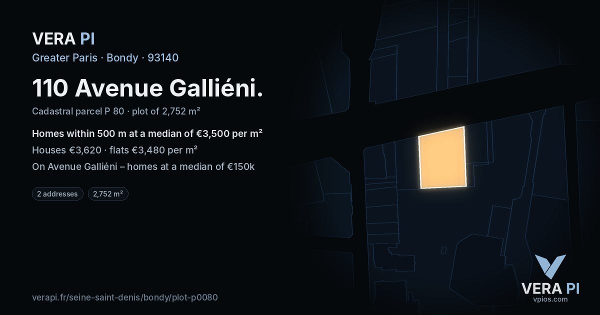 110 Avenue Galliéni, Bondy at night – the plot lit, the parcels around coloured by the prices near them