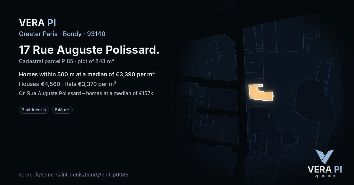 17 Rue Auguste Polissard, Bondy at night – the plot lit, the parcels around coloured by the prices near them